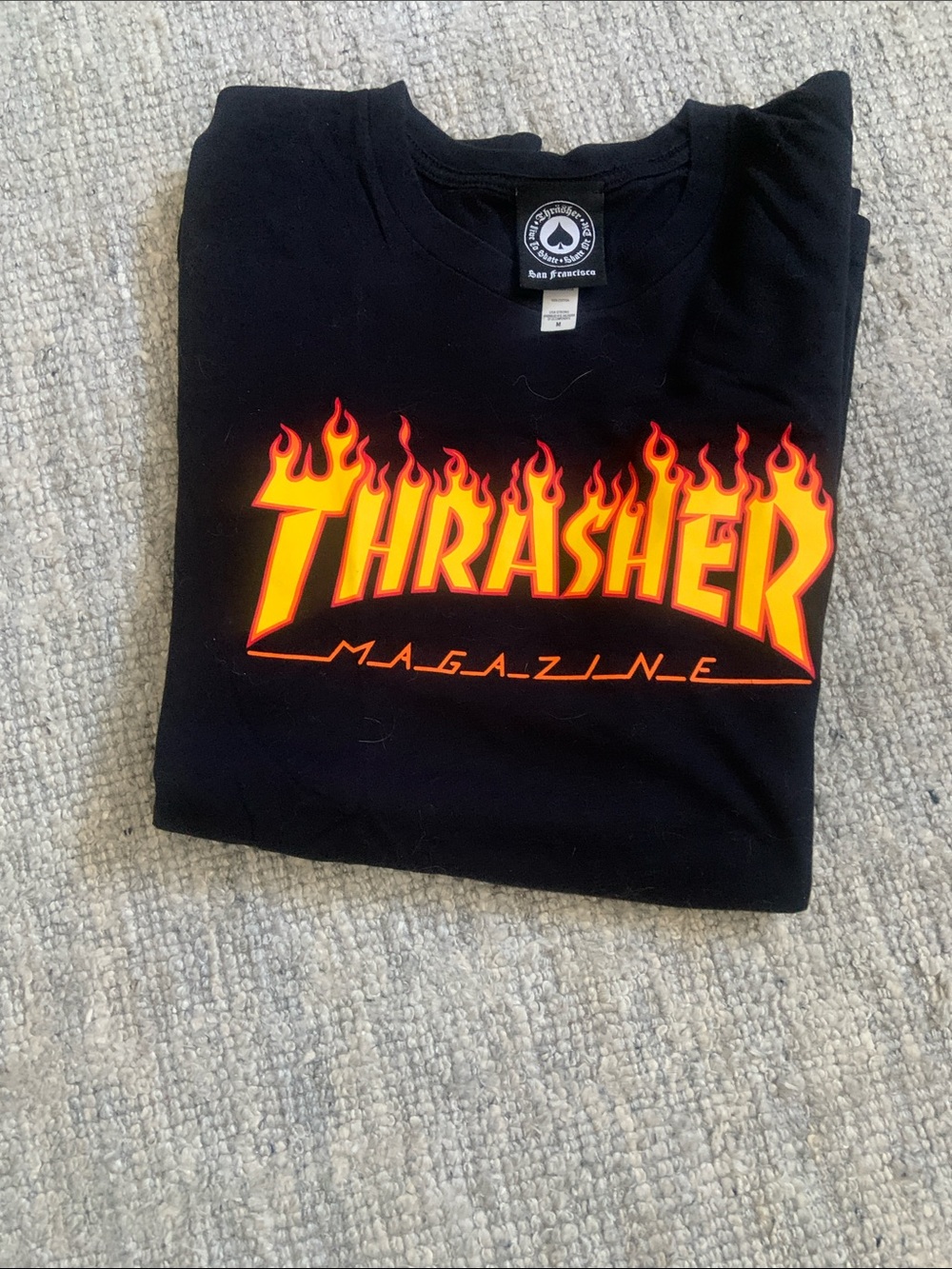 Thrasher Black Tee with Yellow-Orange Flame Logo